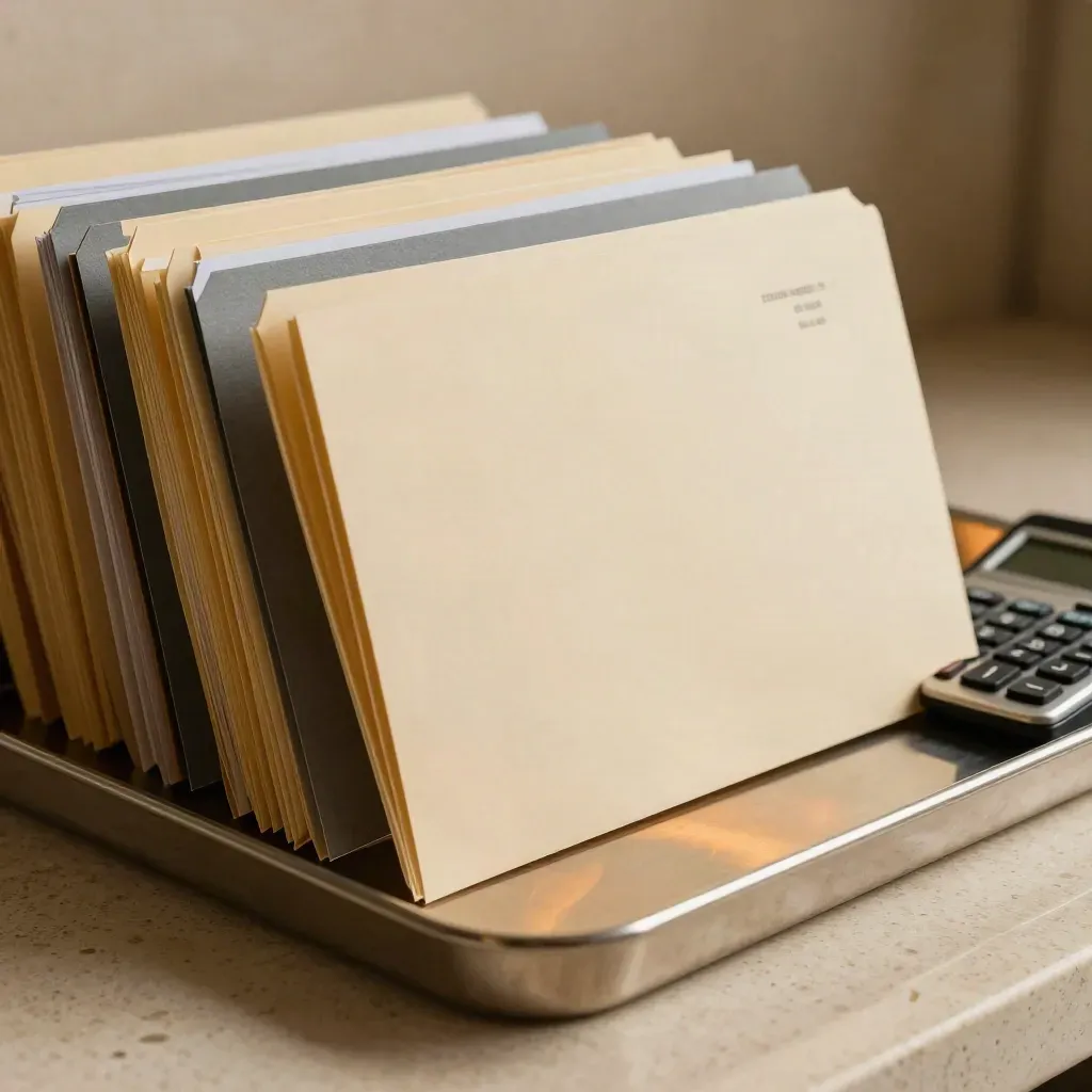 Close-up of case folders, calculator and steel tray on travertine, one file moved forward.