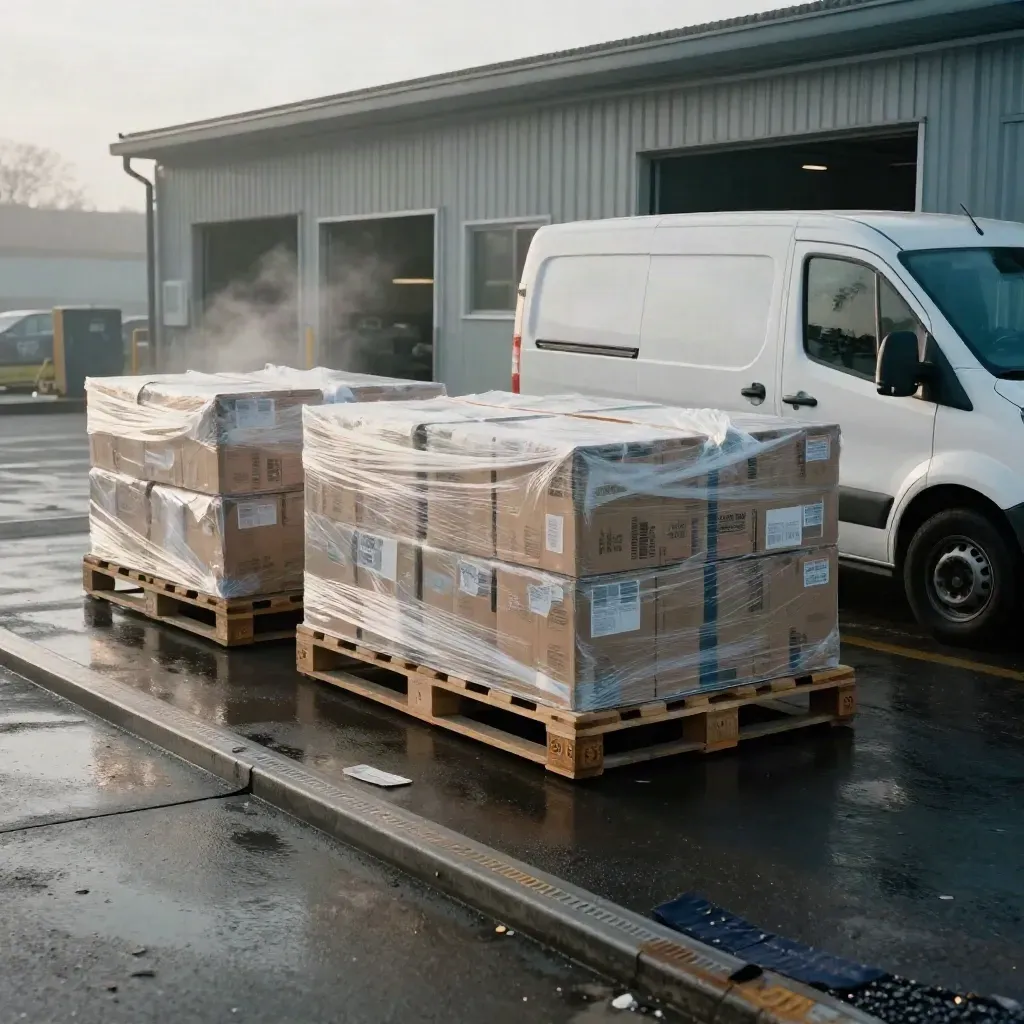 Pallets of boxed stock beside a white van at a wet industrial unit, dawn steam rising.