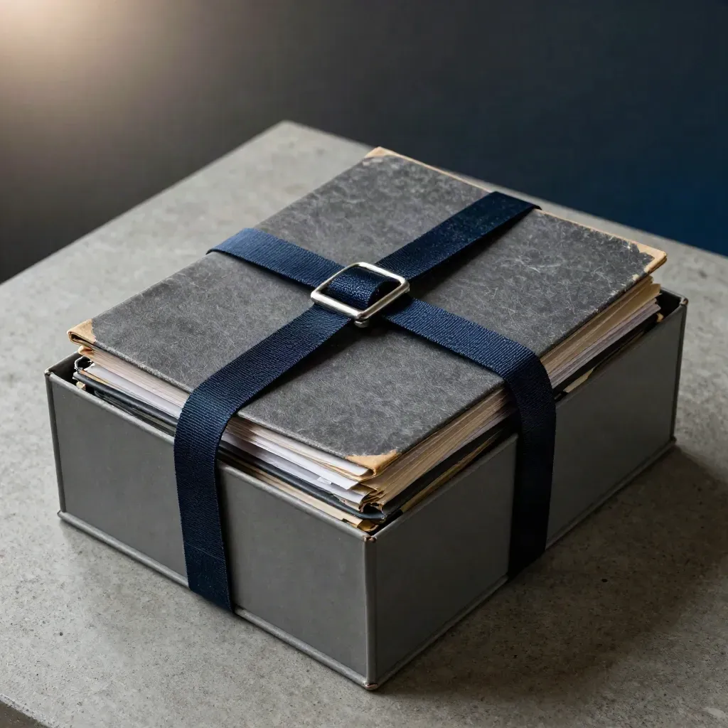 Top-down close of three old loan binders cinched into one grey archive box with a navy strap.