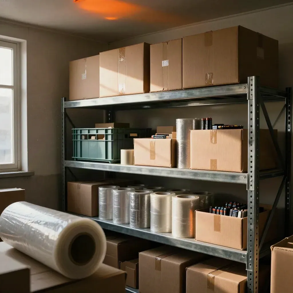 Fulfilment room shelves restocked with cartons, wrap, tape rolls and battery packs in warm light