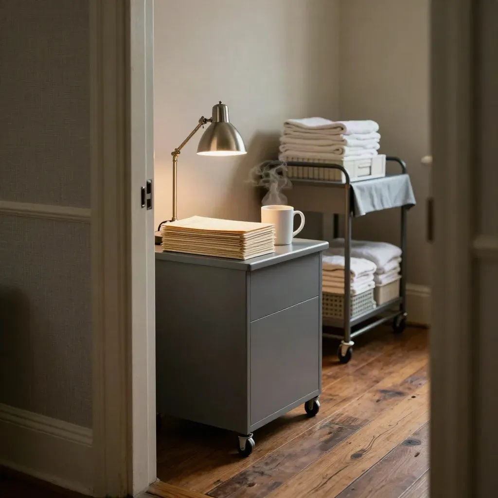 Empty care-home payroll desk with sealed wage envelopes, lamp, steam, and linen trolley