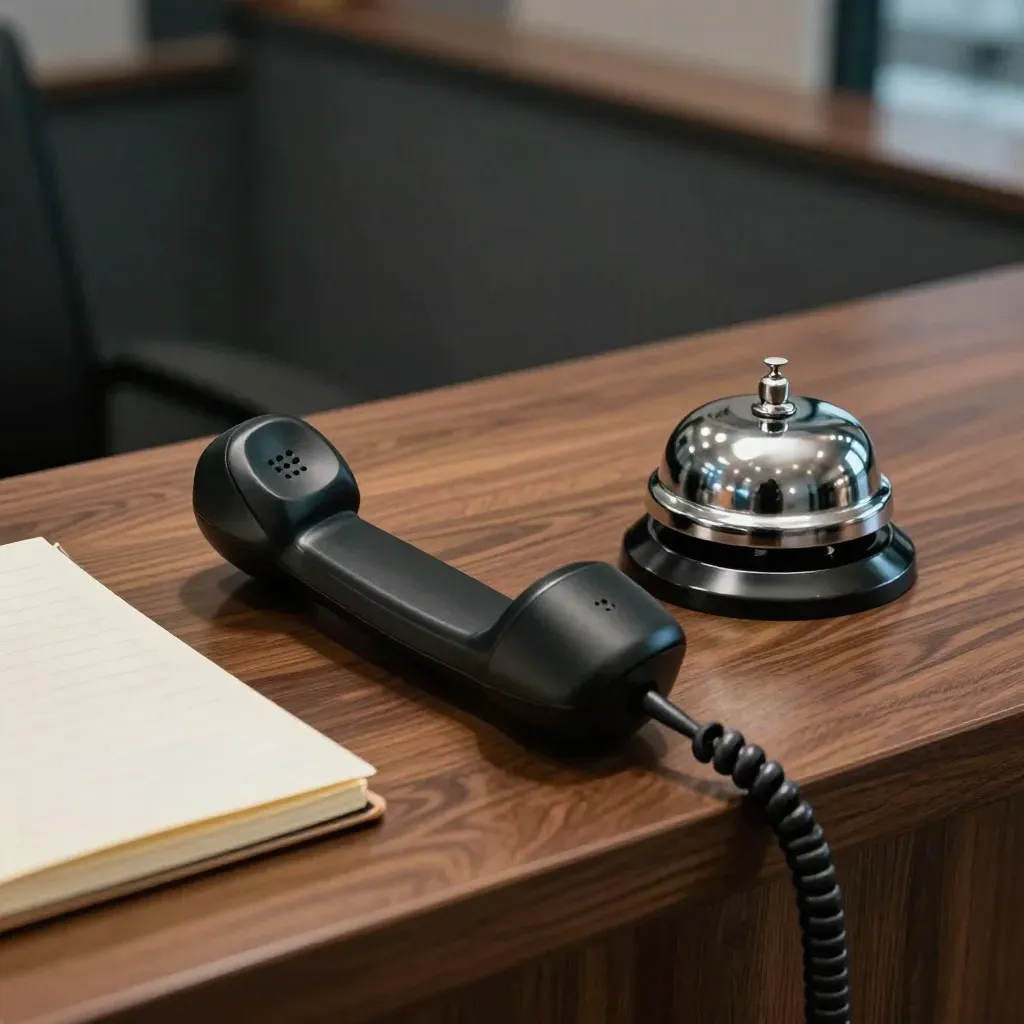 Brushed steel desk bell, cordless handset and closed notebook on a walnut finance counter.