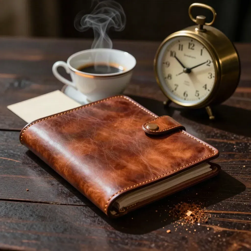 Leather portfolio, steaming demitasse and brass clock on dark oak, lit by soft daylight.
