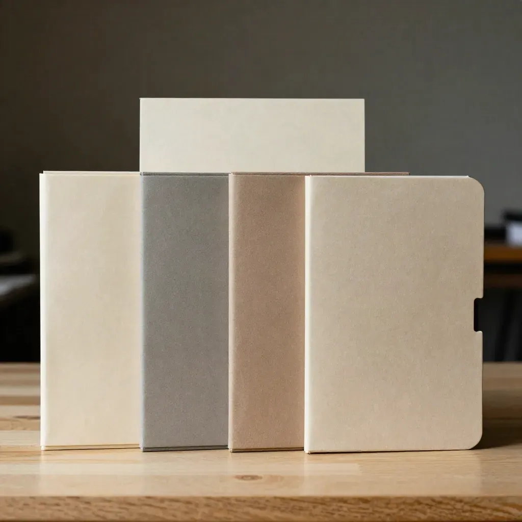 Four dossier folders with muted tabs on pale oak, staged in a quiet finance workspace.