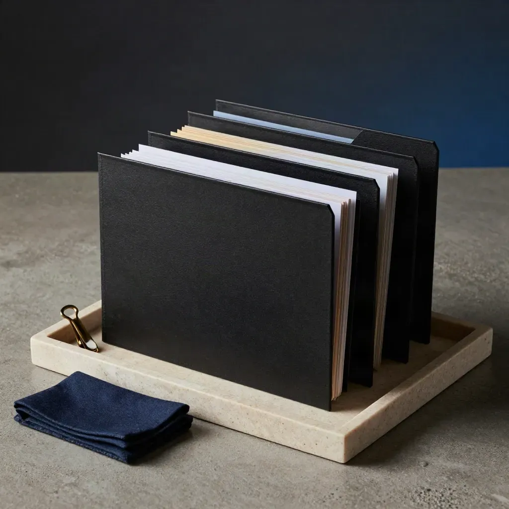 Black folder chosen from three files on a stone tray with brass clip and folded cloth.
