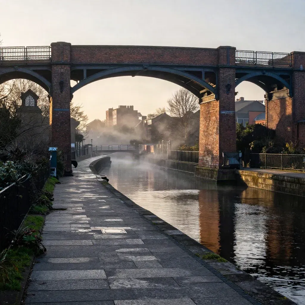 Sunrise over Birmingham canal basin with brick viaducts, mist, and calm water