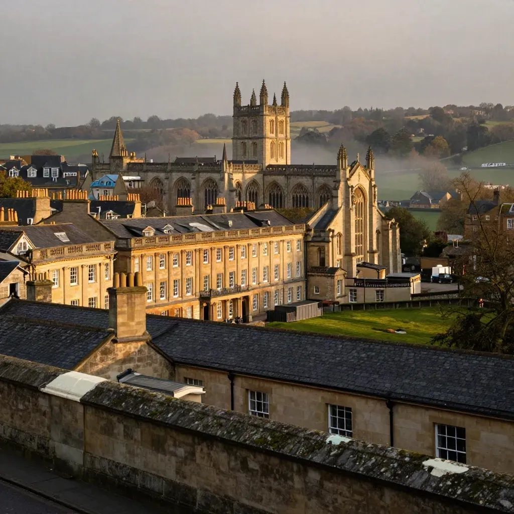 Bath stone terraces above a misty green valley at sunset
